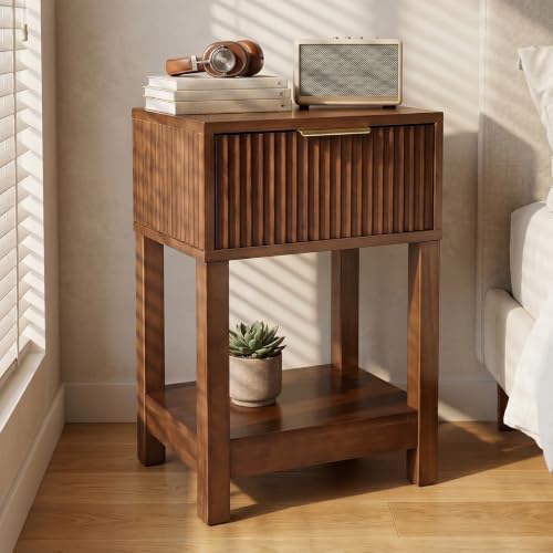 Image of Solid Wood Nightstand with Drawer, Mid-Century Real Wooden Bedside Table with Storage,Modern Fluted End Table for Bedroom Sofa Couch Office,15.75 inch L x 11.81 inch W x 23.62 inch H Walnut.