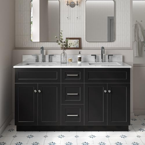 ARIEL 61" Black Double Bathroom Vanity, Italian Carrara Marble Countertop