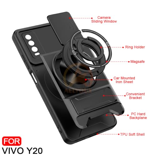 Image of Vivo Y12s / Y20 / Y20i Back Cover | Armor Camera Slider 360 Degree Rotating Finger Ring Holder Case with Bracket Stand Back Case Cover (Compatible with MagSafe Accessories) (Black)