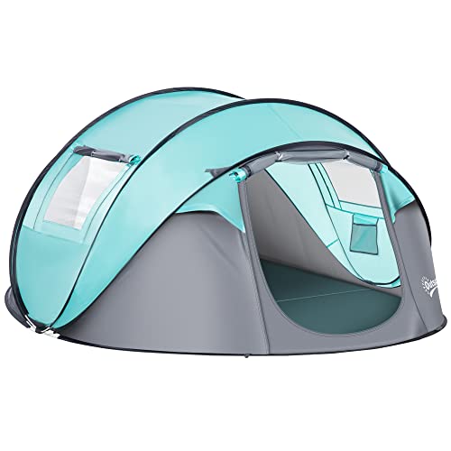 Outsunny Tente de Camping Pop-up pour 4 Personnes Tente dôme étanche légère ventilée Facile à Monter avec 2 fenêtres 2 Portes Sac de Transport dim. 286L x 209l x 122H cm Polyester Bleu et Gris Clair