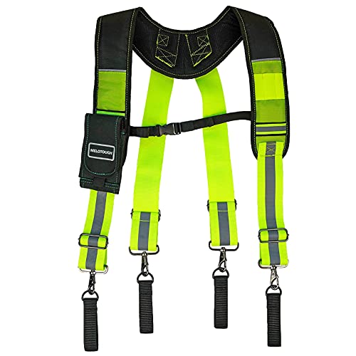 Image of MELOTOUGH Reflective Safety Suspenders Tool Belt Suspenders Construction Work Suspenders with detachable phone holder comfortable foam shoulder padder (Lime)