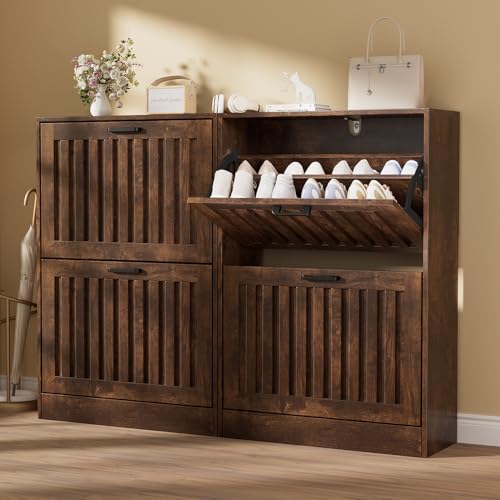 LegacyAmerhome Shoe Storage Cabinet for Entryway Set of 2, Hidden Shoe Cabinet with 2 Flip Drawers, Narrow Slim Shoe Cabinet for Hallway, Freestanding Wood Fluted Panel Closed Shoes Rack for Foyer