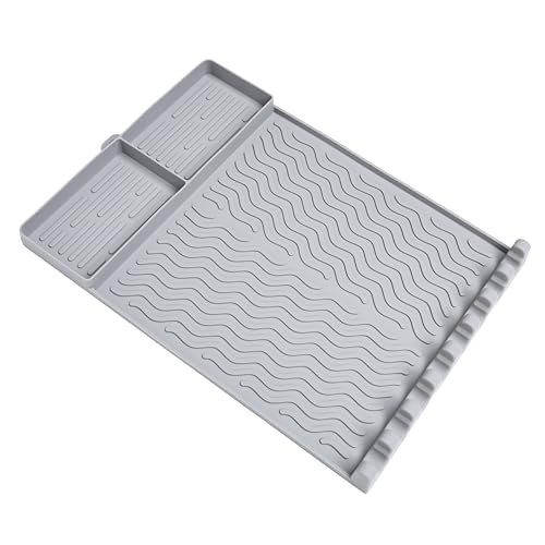 Full-Size Silicone Griddle Mat for Flat Top Grills, Heat Resistant Spatula Holder with Grease Drip Pan, Outdoor Cooking Counter Protector, Gray