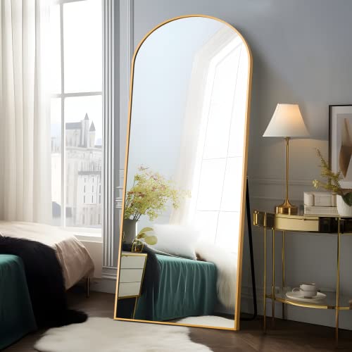 Image of NeuType 71 inchx28 inch Arched Full Length Mirror Large Arched Mirror Floor Mirror with Stand Large Bedroom Mirror Standing or Leaning Against Wall Aluminum Alloy Frame Dressing Mirror, Gold