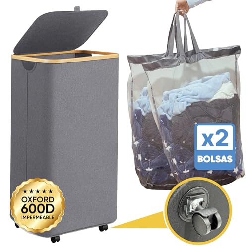 WB®- Cesto Ropa Sucia con RUEDAS y Tapa Ultra Resistente XL 100L – Cesta Colada Impermeable RUEDAS PATENTED - Cubo Plegable Grande con Asas – Almacenaje Juguetes de Bambú -Laundry Basket Bag (GRIS)
