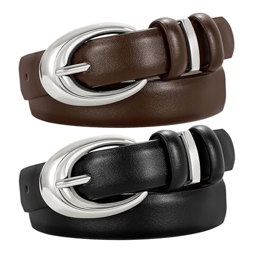 Image of TRIWORKS 2 Pack Women Leather Belt for Jeans Pants Fashion Ladies Faux Leather Belt with Gold Buckle