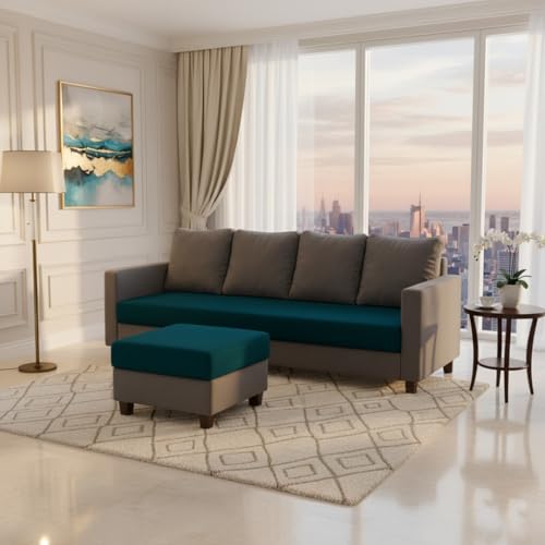 Image of FURNY Arnold 5 Seater L Shape Sofa Set with Movable Ottoman | Flexible Left or Right Layout | Plush Velvet Fabric (Dark Grey-Greenish Teal) | Perfect for Living Room, Guest Room & Office