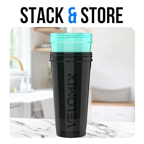 Image of VELOMIX -2 Pack- 28 oz Protein Shaker Bottles for Protein Mixes - 2x Wire Whisk | Leak Proof Shaker Cups for Protein Shakes and Pre Workout | Protein Shaker Bottle Pack (B4) Black /Turquoise