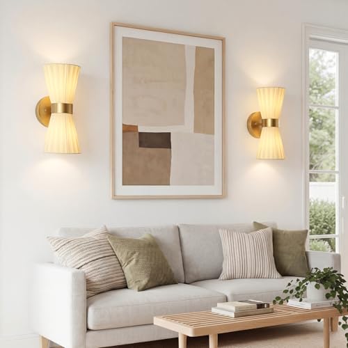 Image of Gold Wall Sconces Set of 2, Ivory Pleated Fabric Shade | Hardwired, Wall Light Fixtures, Up Down Wall Mount for Living Room Bedside