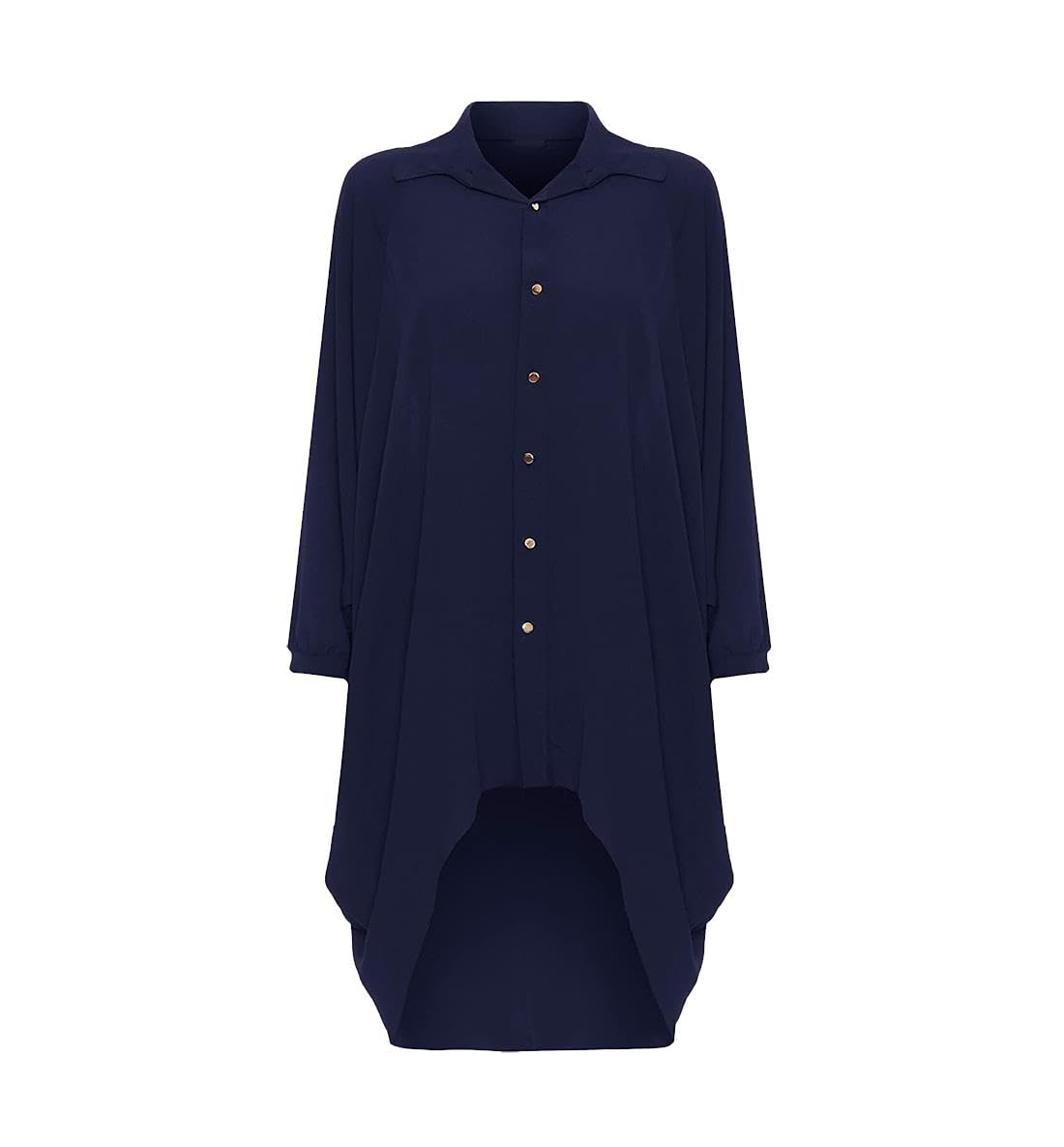Real Life Fashion Ltd Women's Navy. Dip Hem High Low Button Collar Shirt Long Sleeve Hi Lo Dress Top Fancy Party Wear Blouse Plus Size Flowing Tunic Asymmetric Hem Stylish Evening Casual Fashion Uk 8-26
