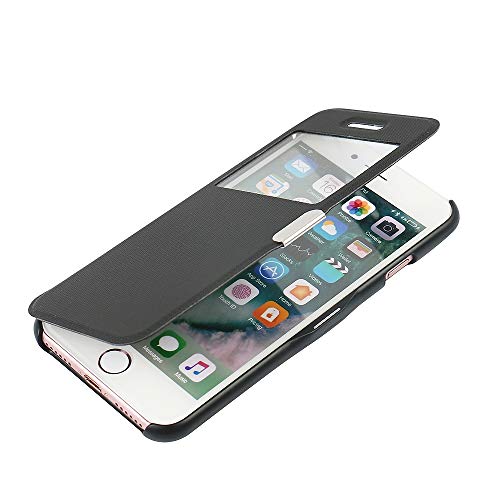 MTRONX Funda iPhone 7, Funda iPhone 8, Cover Carcasa Case Caso Ventana Vista Ultra Folio Flip Twill Tela Asargada PU Cuero Delgado Piel con Cierre Magnetico para Apple iPhone 7 iPhone 8- Negro(MG1-BK)