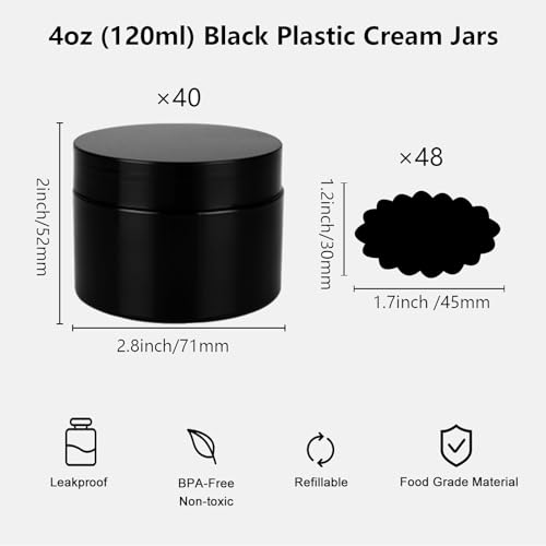 Acrux7 40 Pack 4 oz Black Plastic Jars, Small Round Cosmetic Cream Jars with Lids & Labels, Refillable Plastic Cream Container 120 ml Leak Proof Travel Jars for Creams, Lotion, Body Butter, Body Scrub2