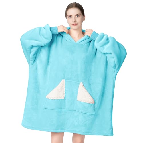 Touchat Wearable Blanket Hoodie, Oversized Sherpa Blanket Sweatshirt with Hood Pocket and Sleeves, Super Soft Warm Plush Hooded Blanket for Adult Women Men, One Size Fits All (Teal)