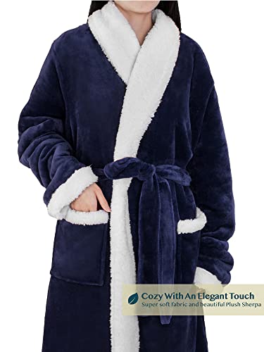 Image of PAVILIA Women's Plush Fleece Robe, Soft Cozy Long Bathrobe with Satin Waffle Trim, Warm Lightweight, Pockets & Tie Belt