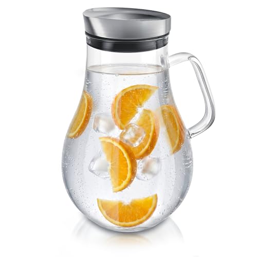 Arendo - Glaskaraffe 2000 ml Karaffe aus Glas mit Deckel 2 L Wasserkaraffe mit Edelstahldeckel und integriertem Grobfilter Borosilikatglas Haltegriff Temperaturbereich 20 C bis +150 C