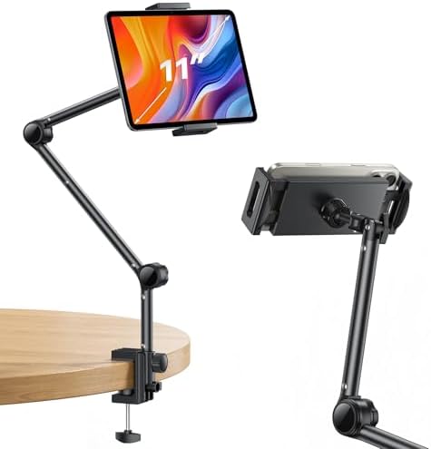 OMOTON Tablet Stand for iPad, Phone Stand for Desk Adjustable Gooseneck Holder for Phone FoldableCompatible with All Tablet and Phone up to 11”