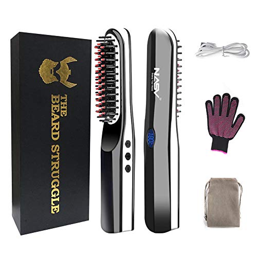 Beard Straightening Brush - soyond 2 in 1 Heating Ionic Enhanced Hair Straightening Brush Cordless Beard Straightener Brush for Travel Home