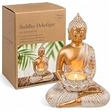 MIJOMA Buddha-Dekofigur, Gold & Weiß, Vintagelook, Polyresin, 14-34 cm Höhe, optional mit Teelichthalter - Spirituelle Ruhe und Eleganz (13,5 x 9 x 19,5 cm mit Teelichthalter)