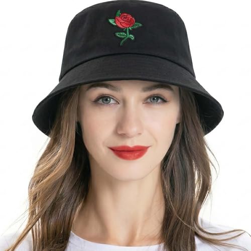 ZLYC Unisex Fashion Embroidered Bucket Hat Summer Fisherman Cap for Men Women Teens (Rose Black)