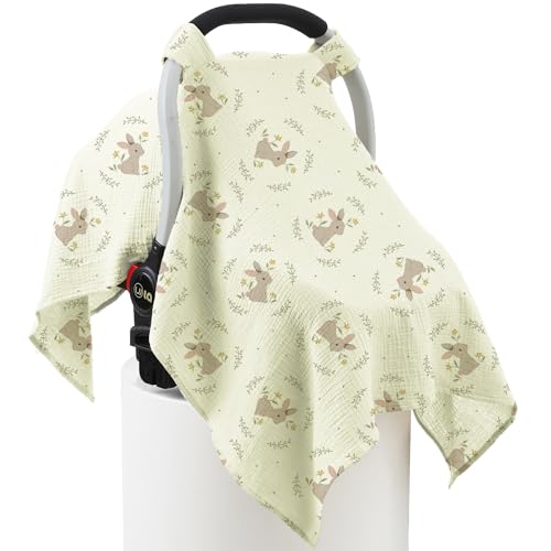 Image of 100% Muslin Cotton Car Seat Cover Baby, Carseat Canopy Cover, Universal Fit Stroller Covers for Boys and Girls (Cute Rabbit)