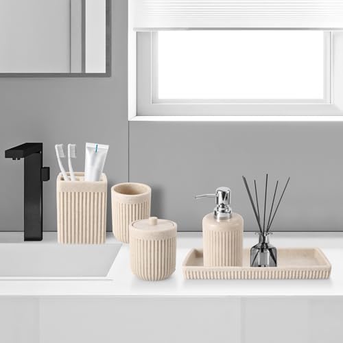 XLHOMO Resin Beige Bathroom Accessories Set 5 Pcs, Lotion Soap Dispenser, Toothbrush Holder, Bathroom Tumbler, Qtip Holder and Vanity Tray, Bathroom Countertop Organizer Set for Modern Home Apartment by XLHOMO - Image 9