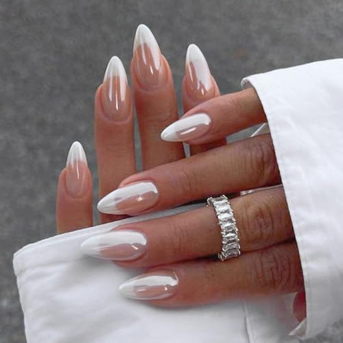 YOSOMK Nude Press on Nails Almond Shaped Fake Nails Medium Glossy Stick on Nail Natural Full Cover False Nail Acrylic Glue on Nails for Women