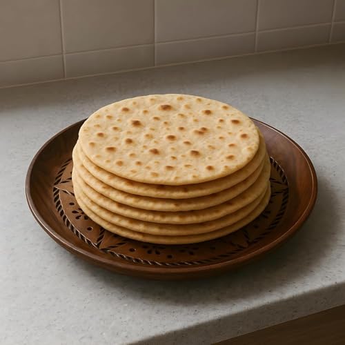 Image of ROSEFINCH Wooden Roti Tray with Carved Design - Round Wood Chapati Basket Plate - Multipurpose Bread & Serving Platter for Kitchen & Dining - (Pack of 1)
