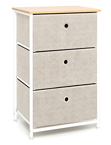 Mesita de Noche con 3 Cajón Almacenaje Cómoda Cajonera con Estructura de Metal Armario con Cajones de Tela Cómoda de Madera Mesita Auxiliar Estrecho Gabinete Pequeño para Pasillo Beige y Blanco