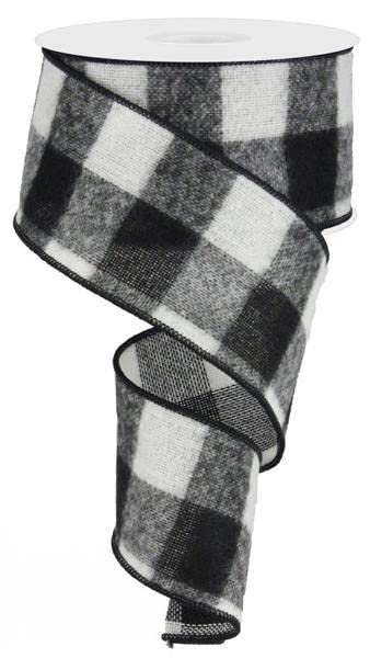 Fuzzy Large Check Plaid Wired Edge Ribbon, 2.5 Inches x 10 Yards (Black, White)