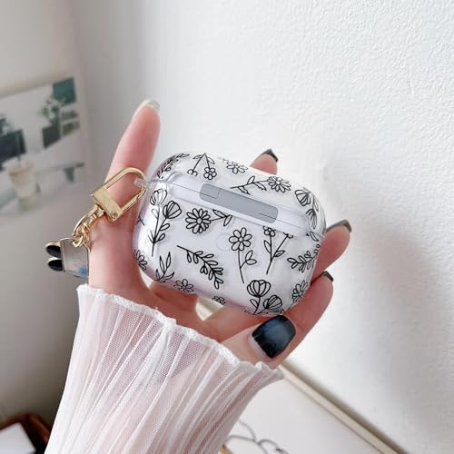 Image of MINSCOSE Compatible with AirPods Pro 2 Clear Case,Cute Flower Floral Aesthetic Design with Flowers Keychain, Soft TPU Protective Shockproof Case for Women Girl for Airpod Pro 2-Black