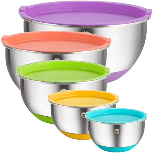 Mixing Bowls Set of 5, Wildone Stainless Steel Nesting Mixing Bowls with Lids, Non-Slip Silicone Bottom, for Mixing & Beating, Stackable Storage (1.5, 2.0, 3.0, 4.0, 5.0 qt)