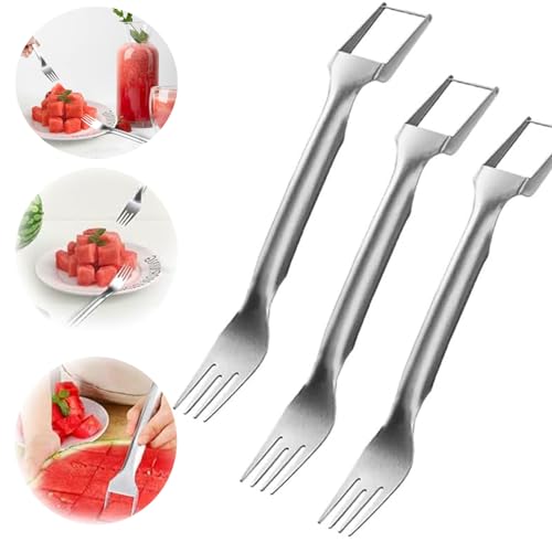 Cortador de frutas 2 en 1 de acero inoxidable, 2024, nueva herramienta de corte de molino de viento de sandía, cuchillo de corte de doble cabeza, tenedor de fruta de verano (3 unidades)