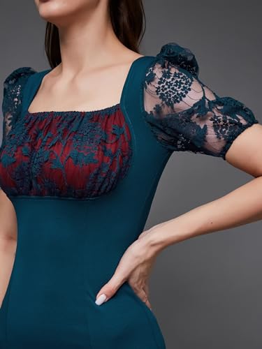 Image of Miss Chase Womens Bodycon Square Puff Sleeve Solid Lace Overlaid Ankle Length Dress