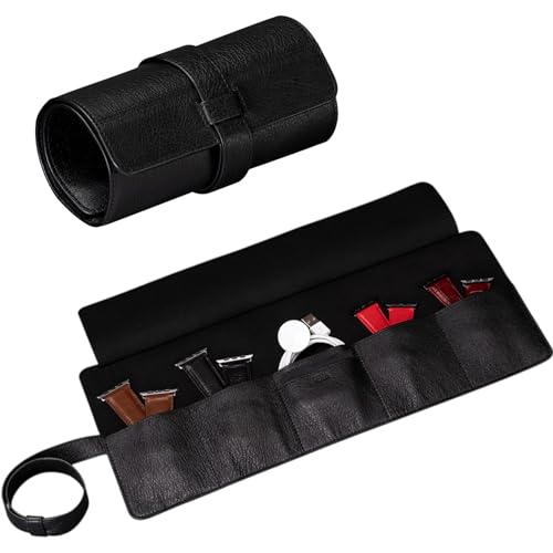 Image of SENA Leather Watch Roll Organizer - 5 Slot Genuine Leather Travel Case for Watches, Watch Bands, Cables and Accessories - Compact, Elegant and Durable