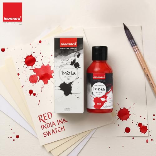 Image of Isomars India Waterproof Drawing Ink Red 100ml | Professional Artist Ink for Illustration, Calligraphy, Airbrush, Canvas, Fabric, Wood, Paper & Technical Drawing