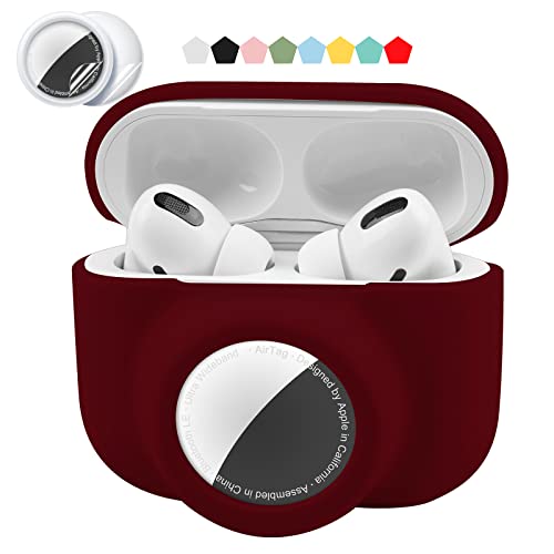 2 in 1 �ی�X�L���P�[�X�AAirpods Pro ����� Airtag �P�[�X�R���{�Z�b�g�Ή��A�V���R�� GPS �g���b�J�[�J�o�[�z���_�[�A�\�t�g�őϏՌ��A���h�~�A�����h�~ (�u���b�N)(WineRed)