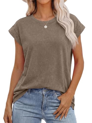 ANRABESS Womens Acid Washed T-Shirt Cap Sleeve Vintage Casual Crew Neck Tops Summer Basic Tee 2026 Fashion Clothing Coffee Medium