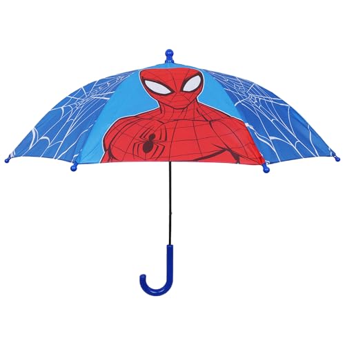 Marvel Spider-Man Kids Umbrella Superhero Rain Umbrella with Web Graphic Panels and Curved Handle Blue
