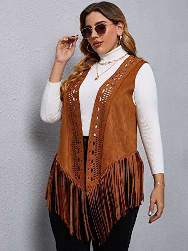 Floerns Women's Plus Size Laser Cut Out Sleeveless Open Front Fringe Vest Coat Brown 2Xl #TOP4