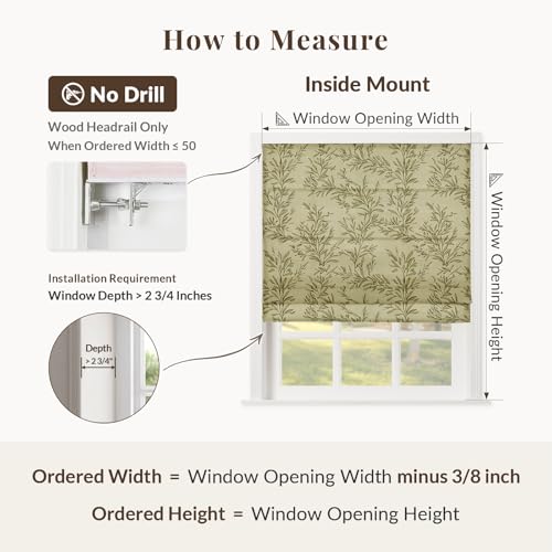 Image of TWOPAGES No Drill Cordless Vintage Leaf Print Roman Shades Linen Textured Roman Blinds for Windows, Custom Made Room Darkening Light Filtering Roman Window Shades, Travertine, 1 Piece