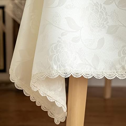 GLORY SEASON Textured Tablecloth Waterproof Spillproof Lace Trim Rectangle Jacquard Fabric Table Cloth, Kitchen Dinning Tabletop Decoration, Round Table Cover for Outdoor Use 60x102 Inch, Ivory White Cover