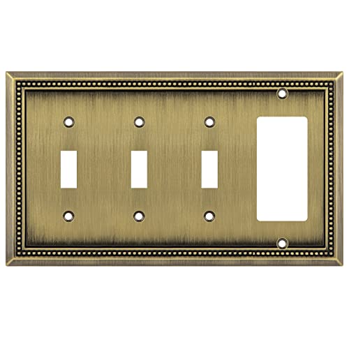 Image of Henne Bery Sunken Pearls Heavy Duty Decorative Wall Plate Switch Plate Outlet Cover (Triple Toggle /Single Decorator, Antique Brass)