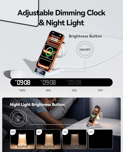 Image of 2026 Upgraded Wireless Charging Station, 7 in 1 Wireless Charger Station Foldable Charger Stand with Night Light /Alarm Clock for iPhone 17-12 Pro Max Plus, Apple Watch, AirPods Gifts for Fathers Day