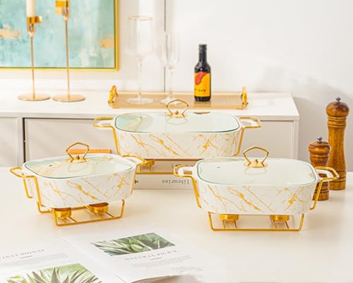 HONHPD Upgrade 3 Piece Set Ceramics Chafing Dish Buffet Set, Marble Finish Chafing Dish, Rectangular Chafers for Buffet, Weddings, Parties, Banquets,Catering Events,White and Gold (1.2L, 1.8L, 2.5L)