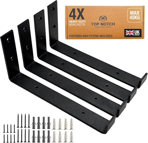 Top Notch Home and Living Set of Slim Shelf Brackets Heavy Duty Metal Wall Brackets for Shelves Scaffold Board Shelf Brackets Strong Shelving Brackets (Black Pack of 4 Up Brackets)