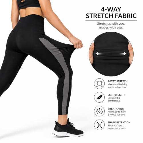 Image of Women's High-Waist Sports Leggings, Black with Grey Side Panel