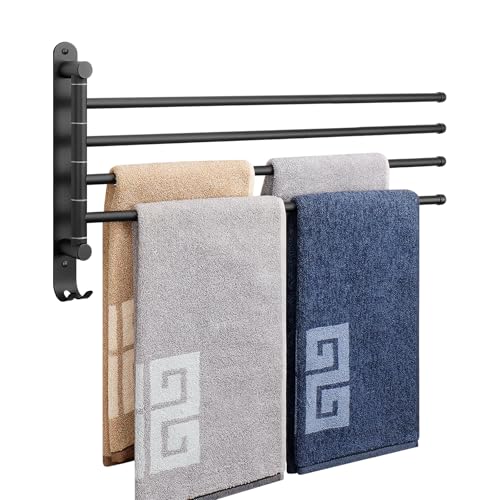 NearMoon Swivel Towel Rack 19.5 Thicken 304 Stainless Steel 4-Arm Towel Bar Space Saving Wall Mounted Towel Holder with Hook Rustproof Swing Out Towel Hanger for Bathroom Kitchen (Matte Black)