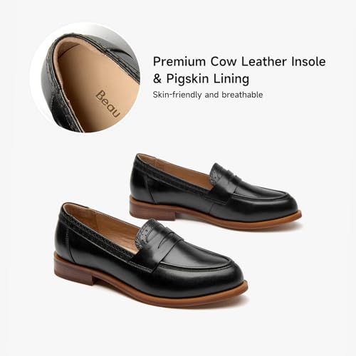 Image of BEAU TODAY Womens Leather Penny Loafers, Slip On Loafer Flats | Premium Sheepskin Upper, Pigskin Lined and Cowhide Insole for All Day Comfort, Non-slip Rubber Sole, Office or Casual Wear