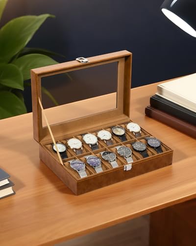 Image of Uten 12-Slot Watch Box, PU Leather Watch Case with Glass Lid, Brown | Watch Jewelry Storage Organizer Display with Velvet Lining, fits Watch Size up to 48mm, Gift for Men and Women, Birthday