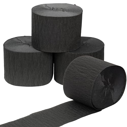 Black Streamers 4 Rolls 328 Ft Black Crepe Paper Streamer Party Decorations for Birthday Wedding Showers (1.8 in x 82 ft/Roll)